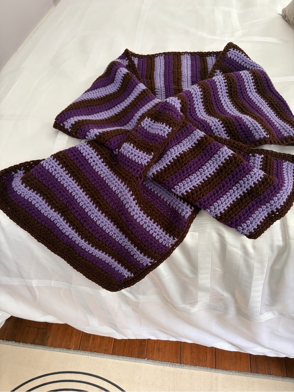 Striped Crochet Knit Scarf - Purple & Brown